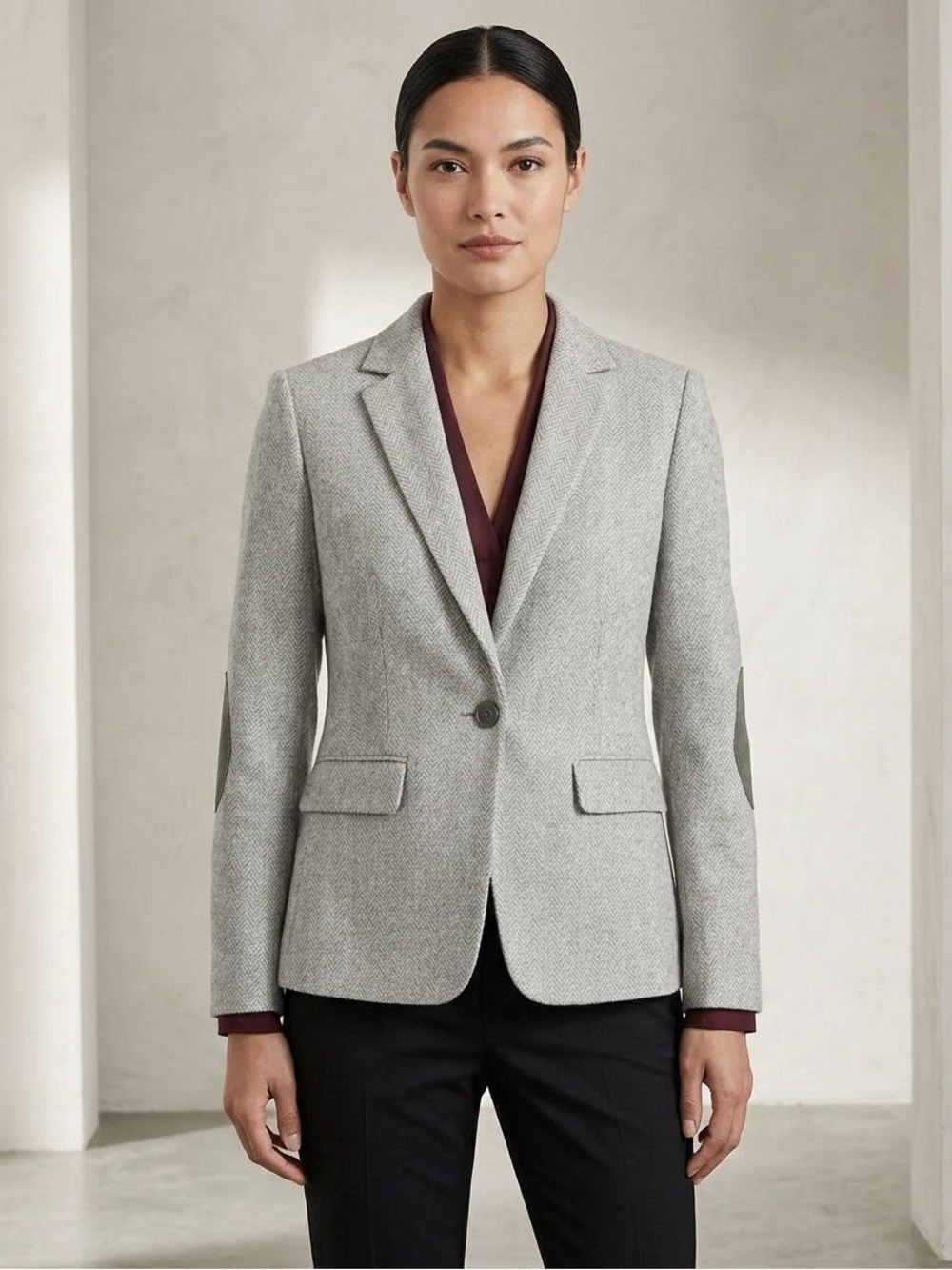 LOFT Light Gray Herringbone Wool-Blend Blazer w/ patches- Interview Blazer